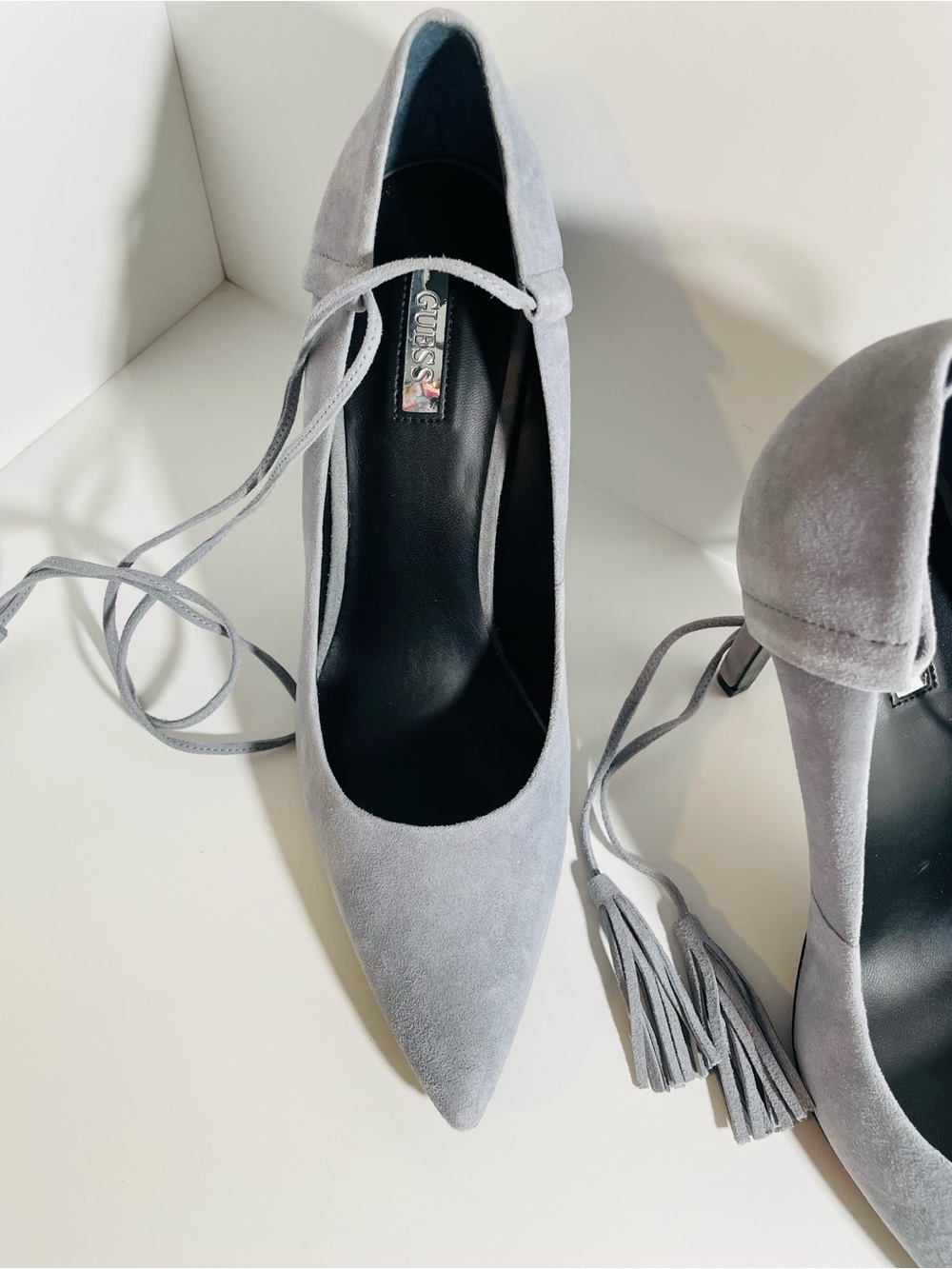 GUESS Suede Tassel Ankle-Tie Heels - Light Gray - Picture 10 of 15